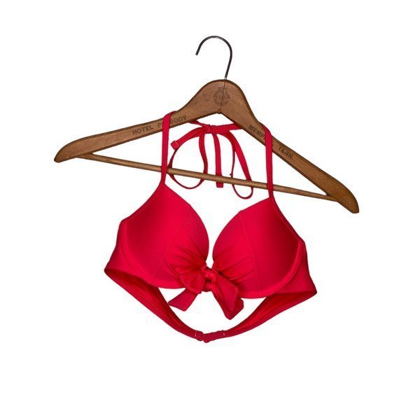 Aerie 34B Pink Double Bow Front Bridget Padded‎ Push Up Halter Bikini Swim Top - Picture 2 of 5